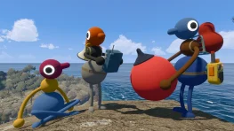 Four colorful Big Walk characters carrying binoculars, a walkie-talkie, and a megaphone on a coastal cliff