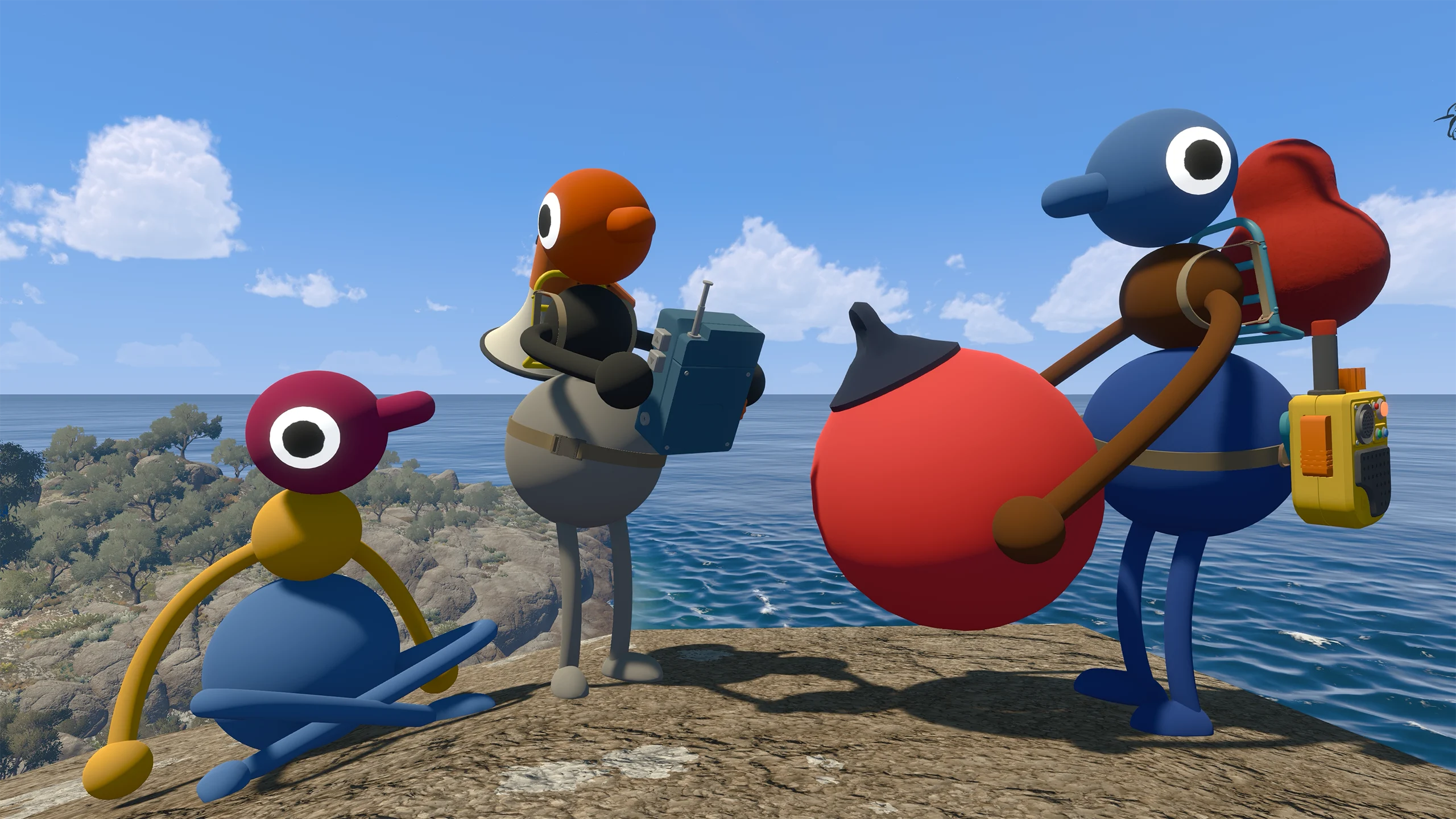 Four colorful Big Walk characters carrying binoculars, a walkie-talkie, and a megaphone on a coastal cliff