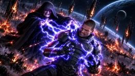 Commander Shepard is struck by Emperor Palpatine's Force lightning in a space battle scene