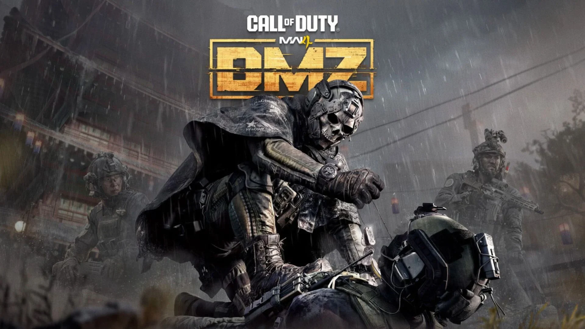 Two armed Operators in a ruined urban area beneath the Call of Duty: Modern Warfare 4 DMZ logo.
