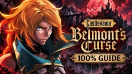 Rose Belmont beside the Castlevania: Belmont's Curse 100% Guide title, with Dracula's castle beneath a red moon