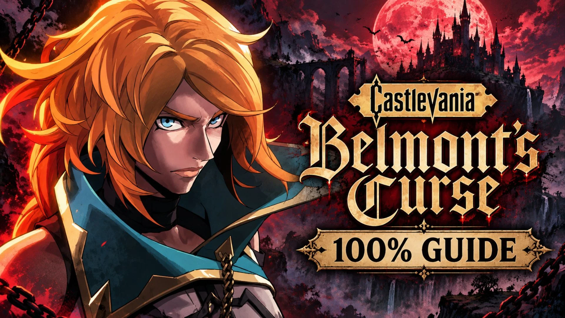 Castlevania: Belmont's Curse 100% Guide: All Collectibles, Weapons, Upgrades and Clues 1 Rose Belmont beside the Castlevania: Belmont's Curse 100% Guide title, with Dracula's castle beneath a red moon