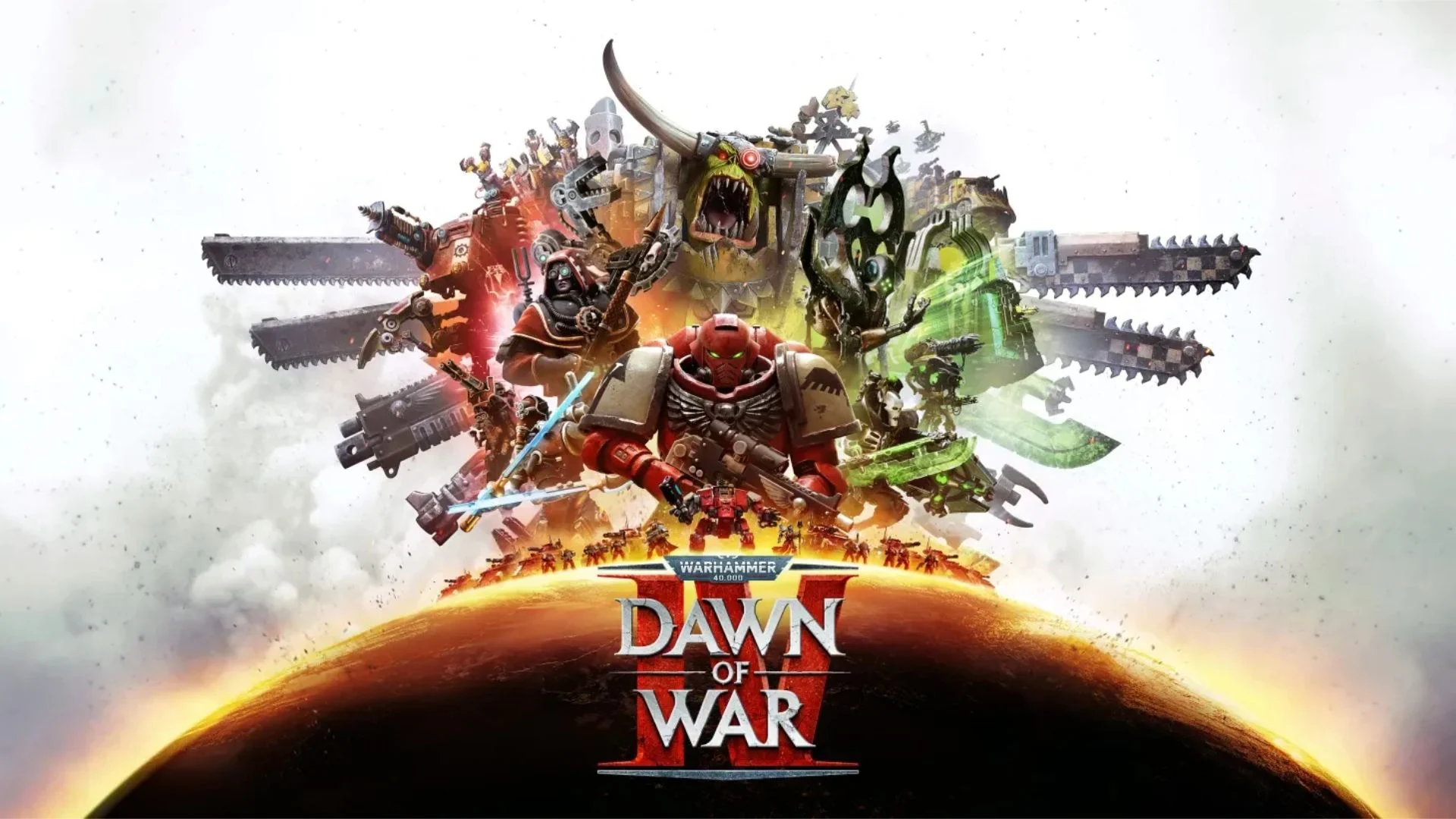 Space Marines, Orks, Necrons, and Adeptus Mechanicus in Dawn of War IV key art