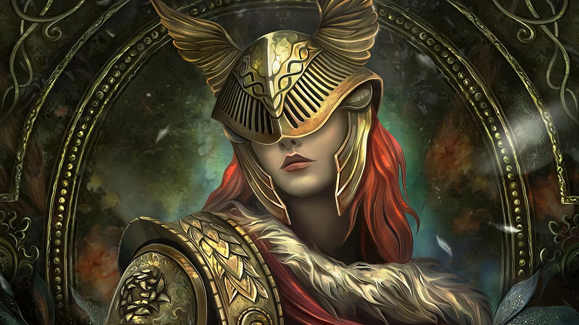 Malenia from Elden Ring in ornate armor and a winged helmet