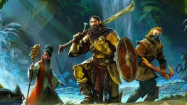 Three Enshrouded adventurers carrying weapons in a misty fantasy landscape