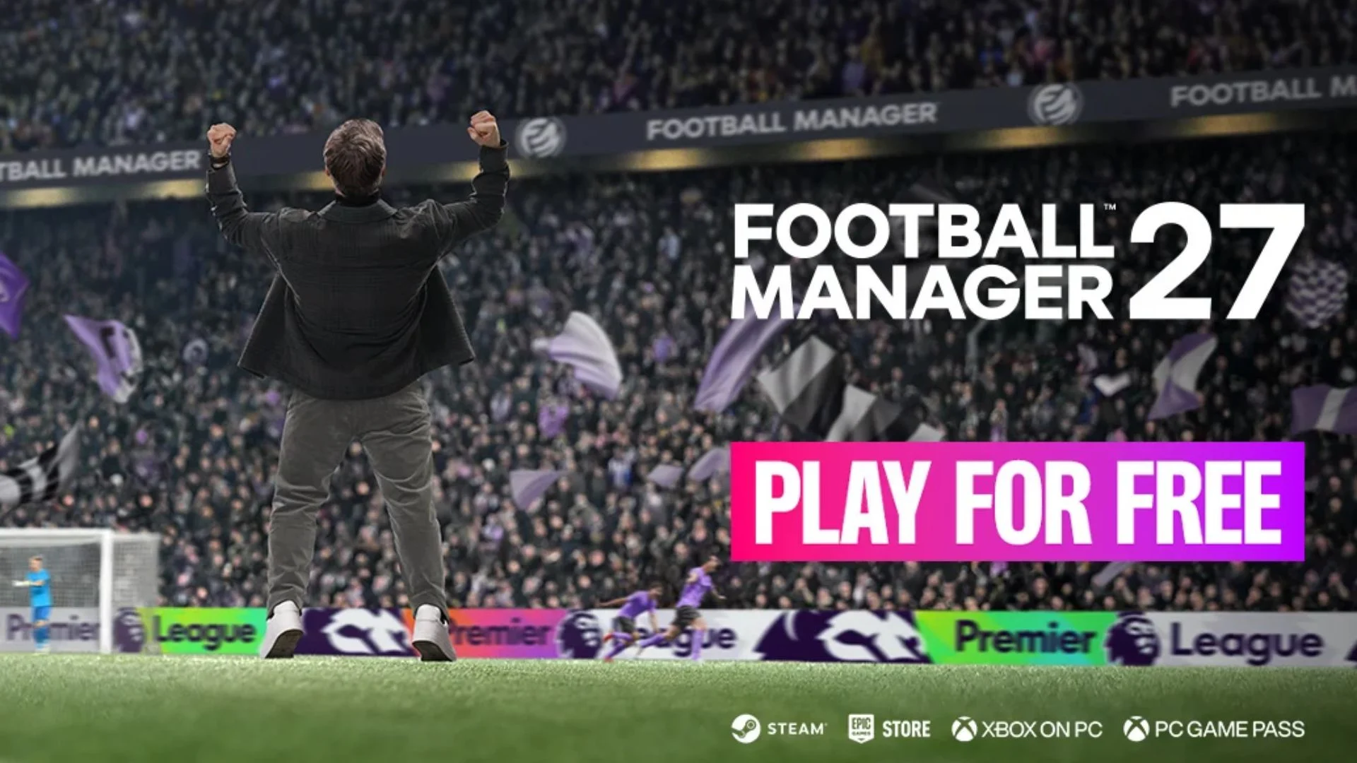 Football Manager 27 free Launch Preview artwork showing a manager celebrating in a stadium