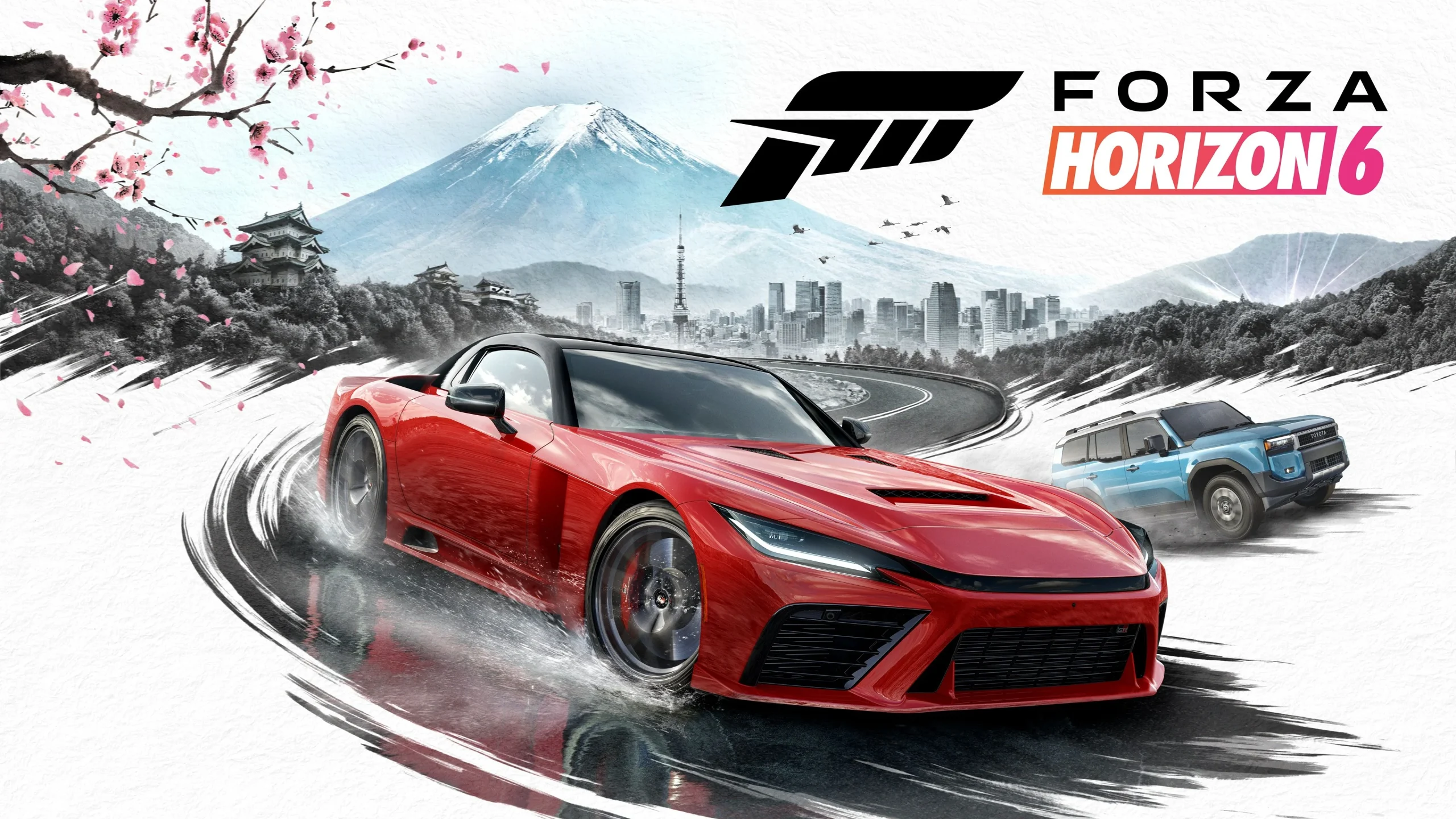 Forza Horizon 6 key art showing sports cars driving through Japan