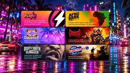 Six GTA 6 radio station cards over a neon Vice City street