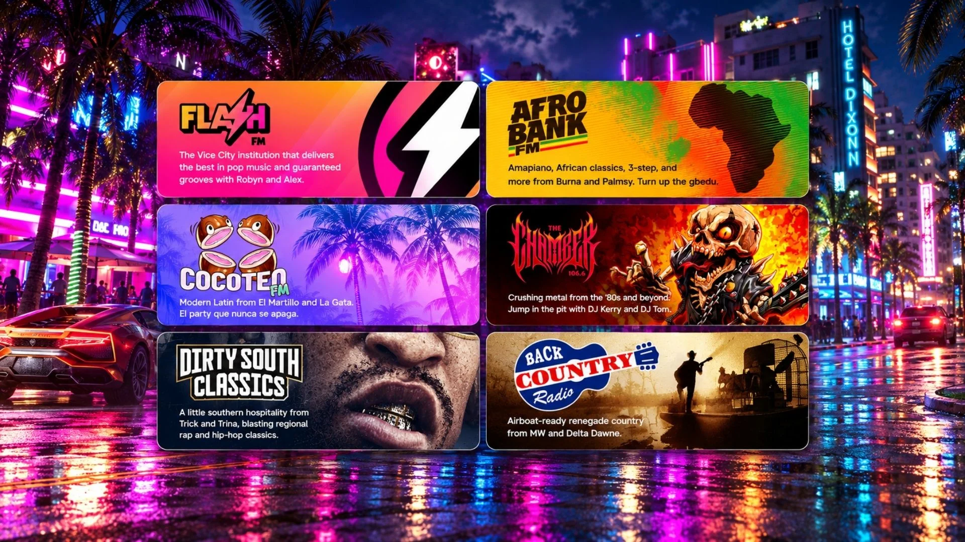 Six GTA 6 radio station cards over a neon Vice City street