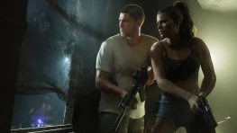 Jason and Lucia take cover with weapons in a Grand Theft Auto VI scene.