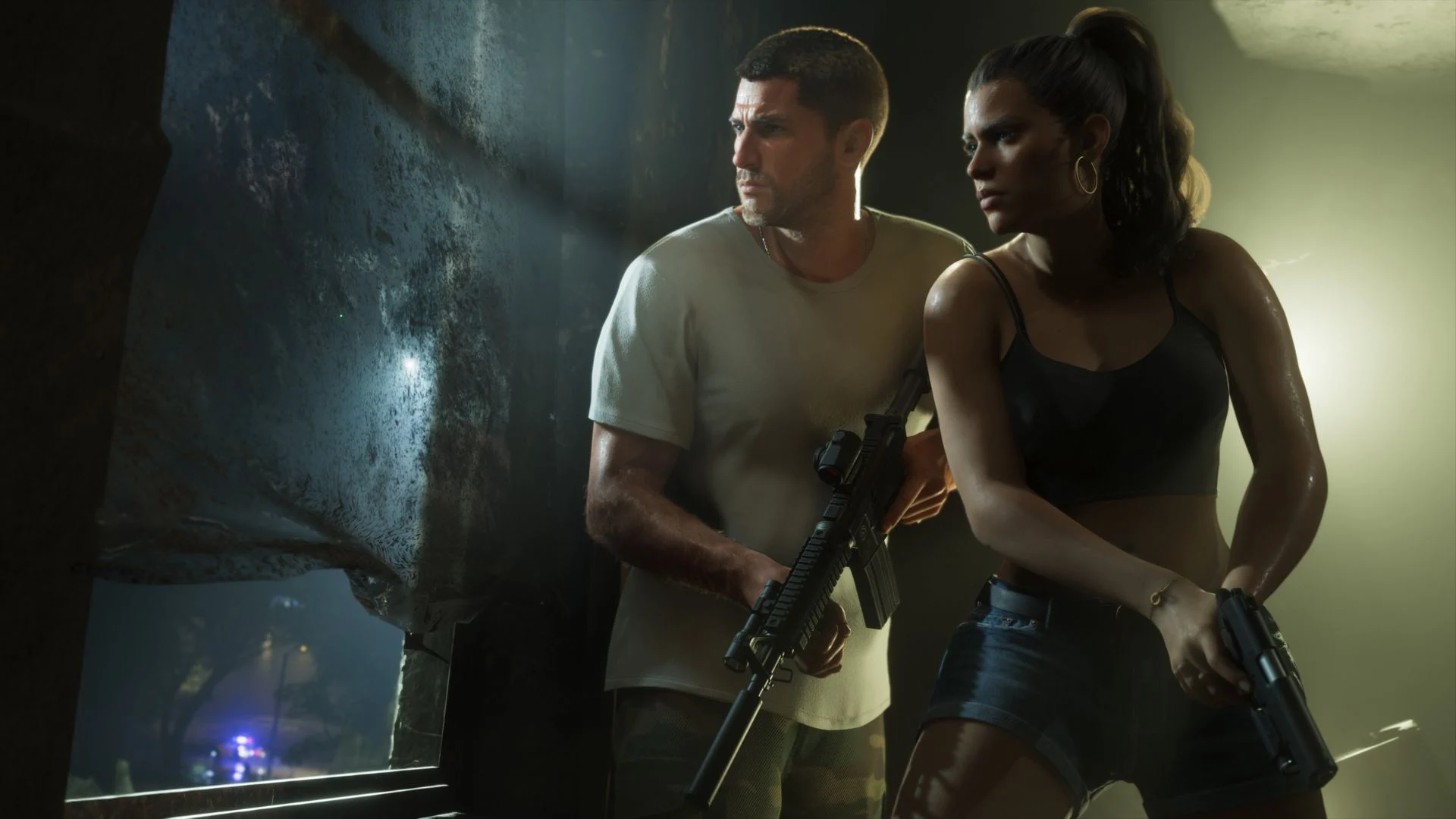 Jason and Lucia take cover with weapons in a Grand Theft Auto VI scene.