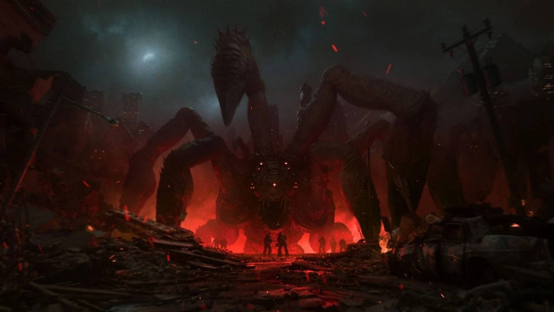 A towering Locust creature looms over soldiers amid red-lit ruins in Gears of War: E-Day.