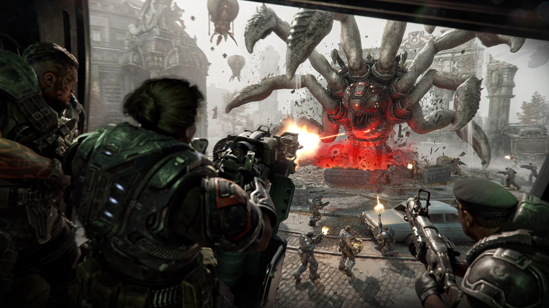 COG squads fight a giant Corpser in Gears of War: E-Day Horde Siege.