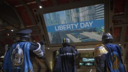 Three Helldivers watching a Liberty Day parade broadcast aboard a Super Destroyer