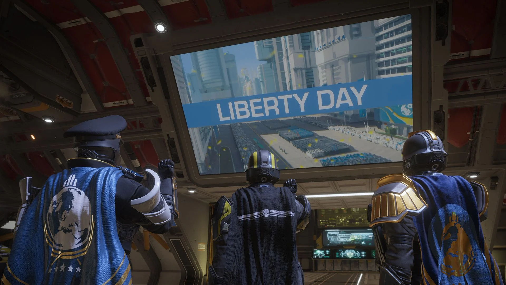 Helldivers 2 Liberty Day 2026 Brings Free AR-23L Rifle and Ship Decorations 1 Three Helldivers watching a Liberty Day parade broadcast aboard a Super Destroyer