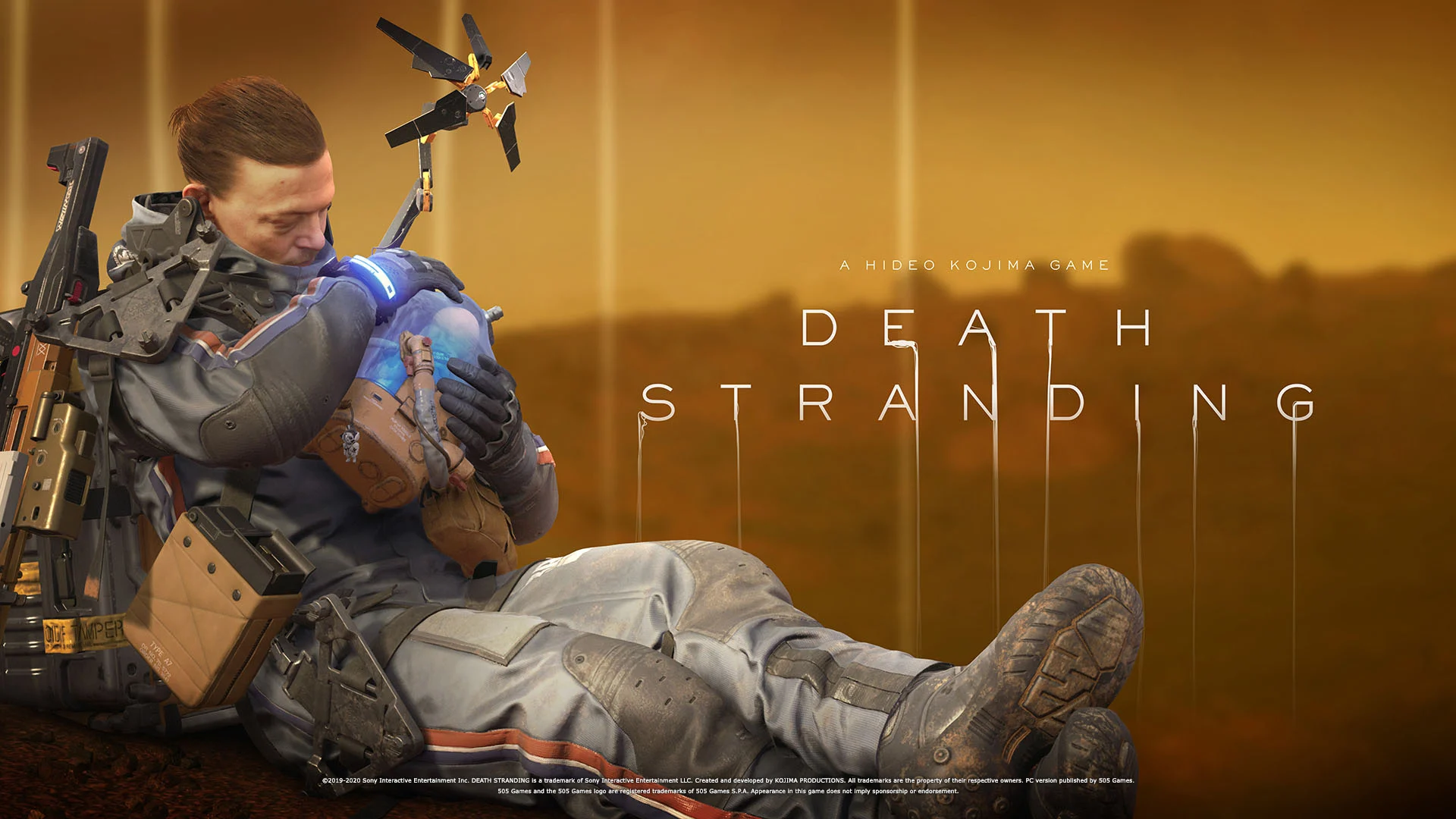 Sam Bridges cradles a BB pod in Death Stranding artwork