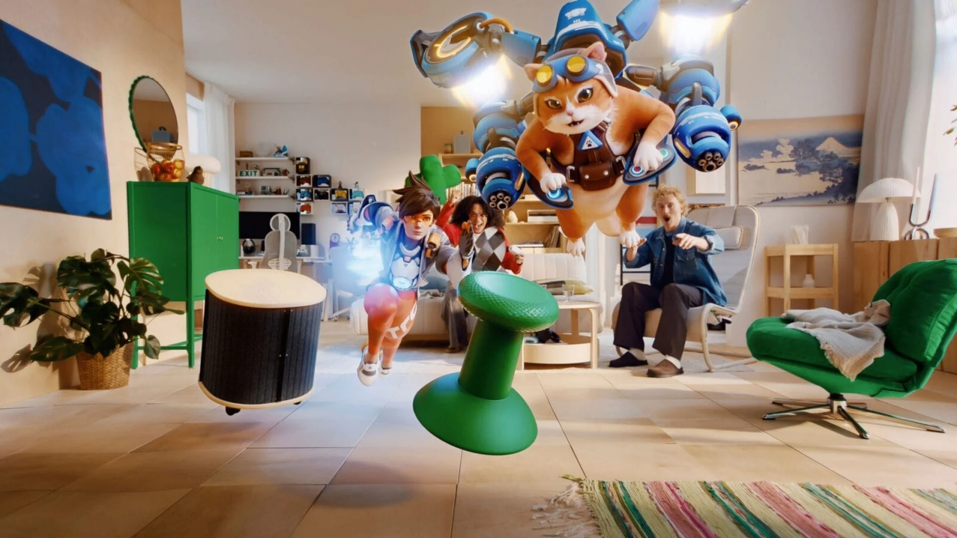 Xbox game characters appear in a living room furnished with green YXSTABY chairs and thumbstick stools.
