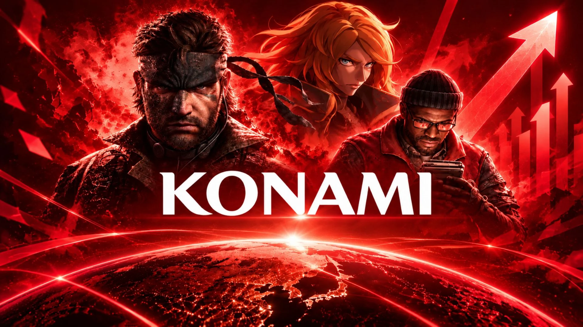 Konami-branded artwork with game characters and rising red graph arrows