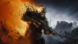 The Stranger wearing a gas mask in the ruined Moscow setting of METRO 2039