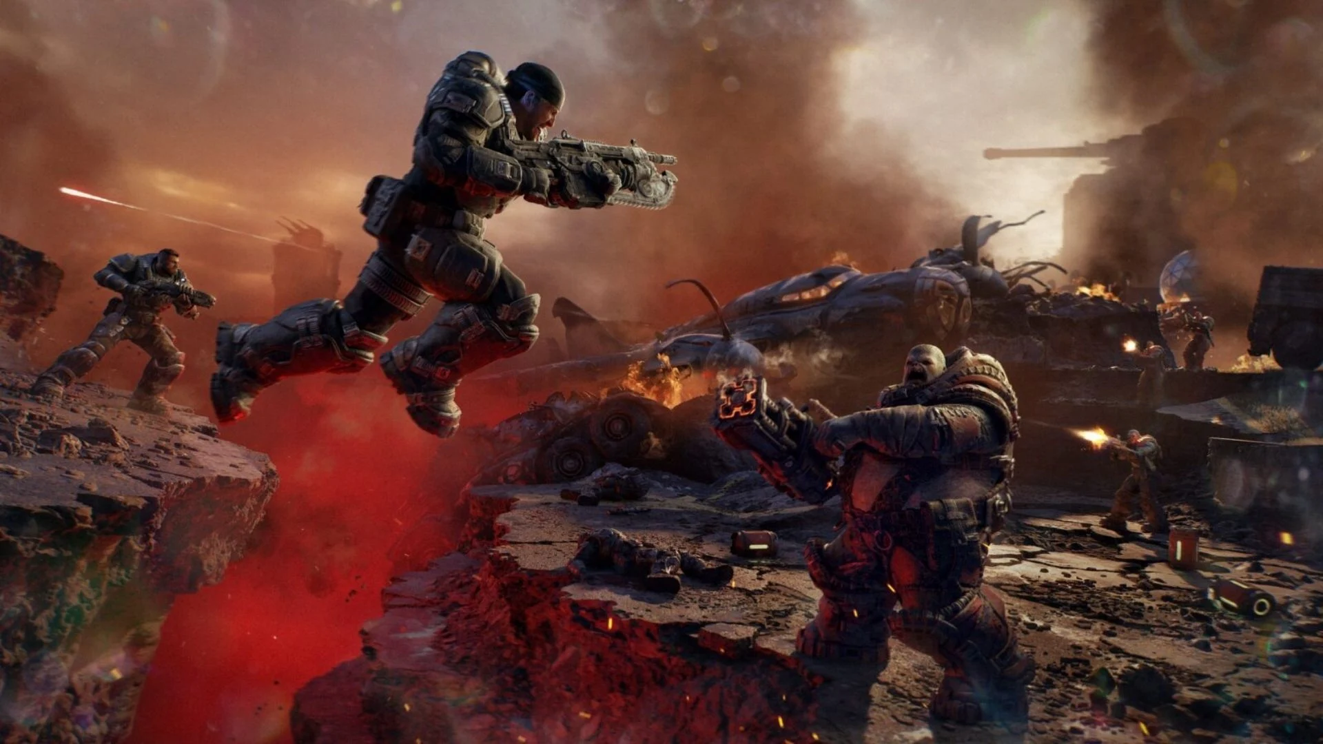 Gears of War: E-Day soldiers fighting on a ruined battlefield