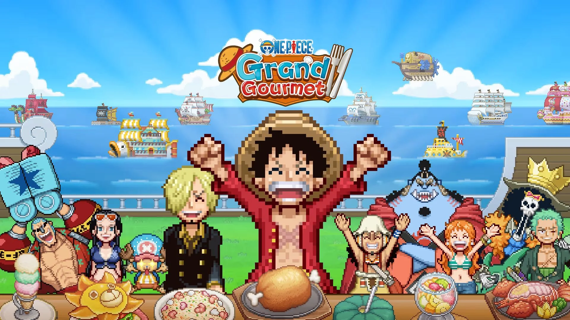 ONE PIECE: Grand Gourmet Complete FAQ: Release Date, Platforms, Price & Gameplay 1 Pixel-art Straw Hat Crew gathered around food in ONE PIECE Grand Gourmet