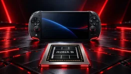 Concept image of a PlayStation-branded handheld behind a chip labeled RDNA 5.