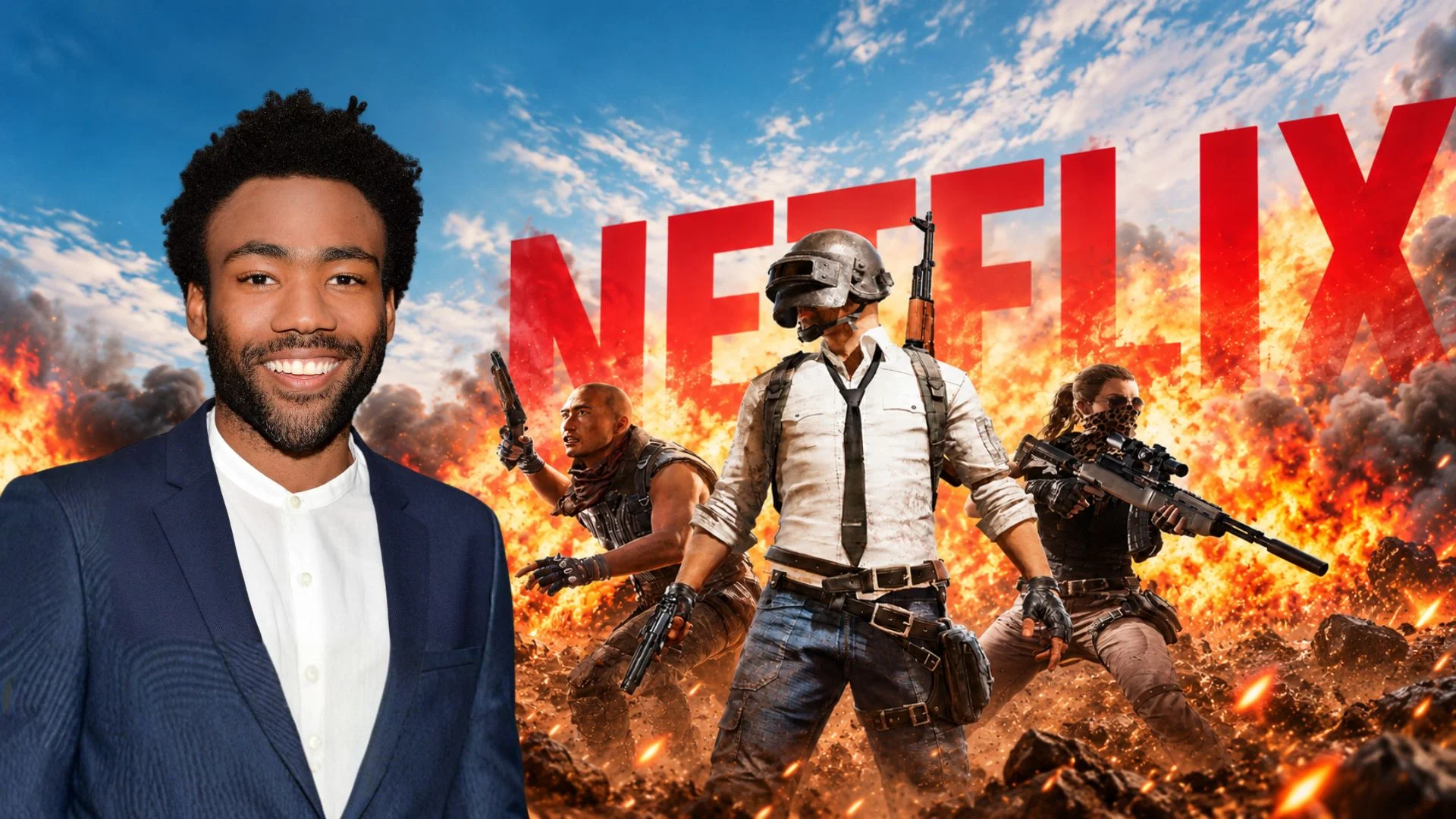 PUBG Live-Action Series in Development at Netflix With Donald Glover 1 Donald Glover beside PUBG characters and Netflix branding