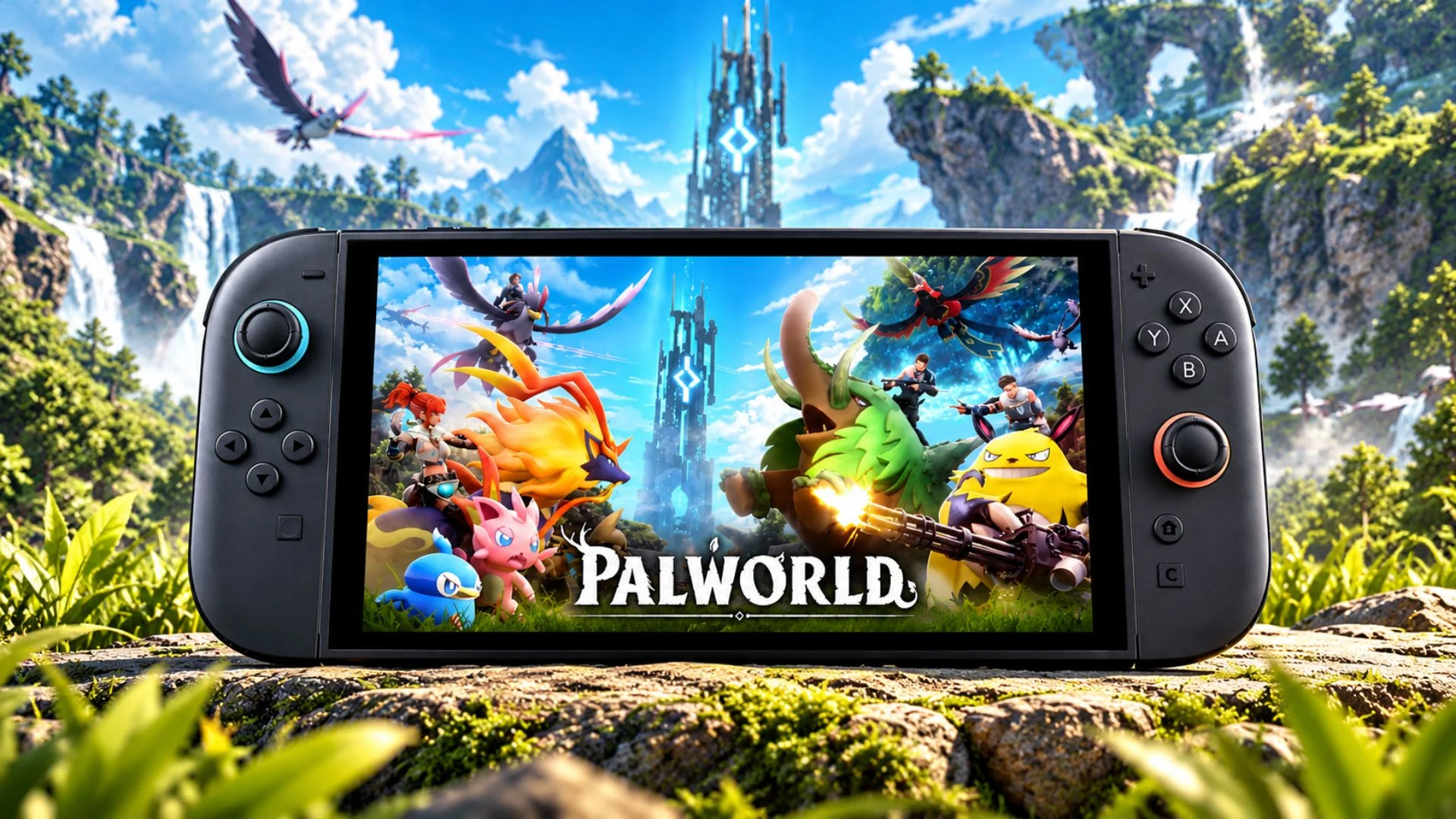 Pocketpair CEO Wants to Discuss Bringing Palworld to Nintendo Switch 2 1 Palworld characters displayed on a Nintendo Switch 2 console in a fantasy landscape