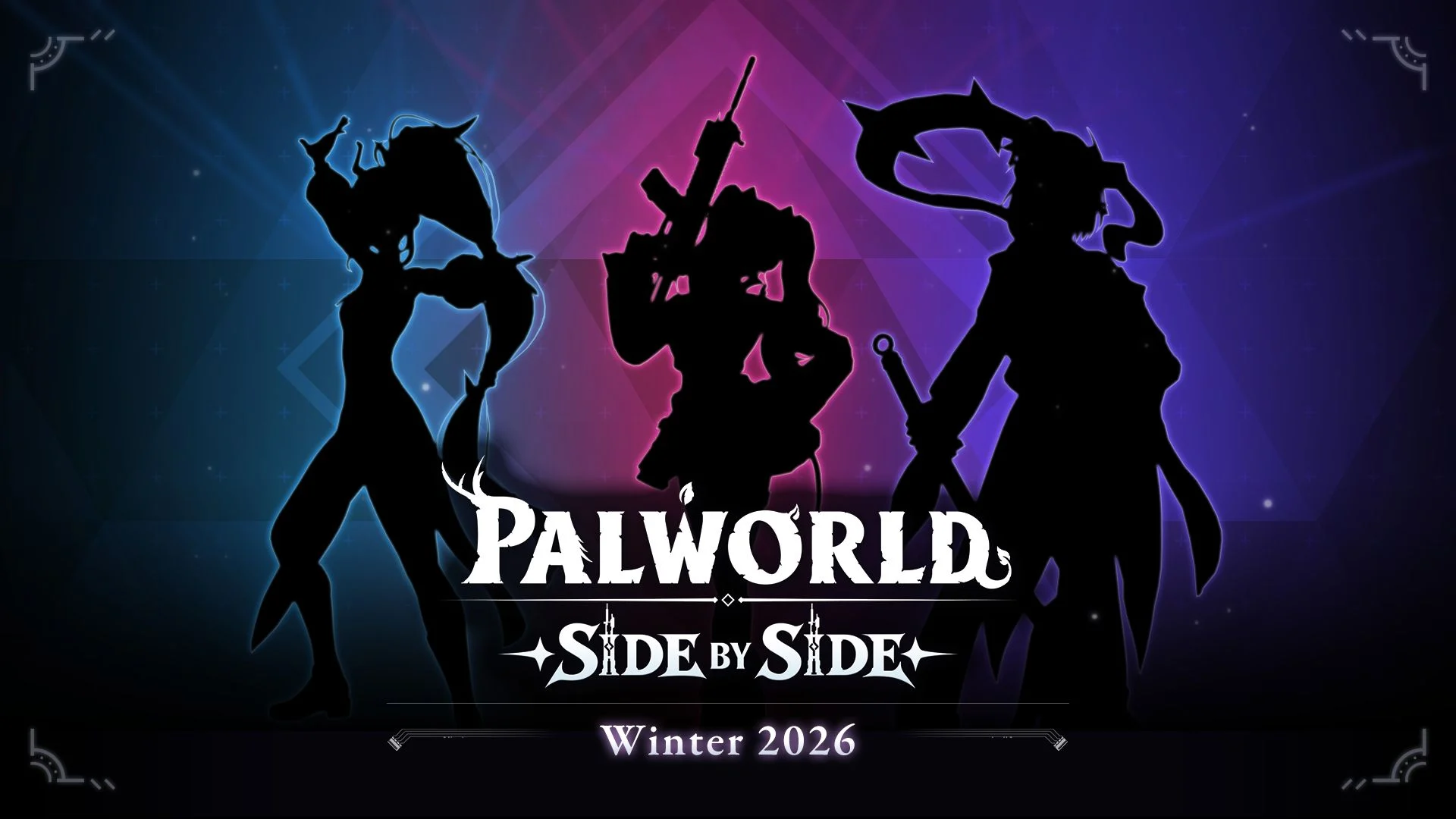Silhouettes of three characters in Palworld: Side by Side artwork.