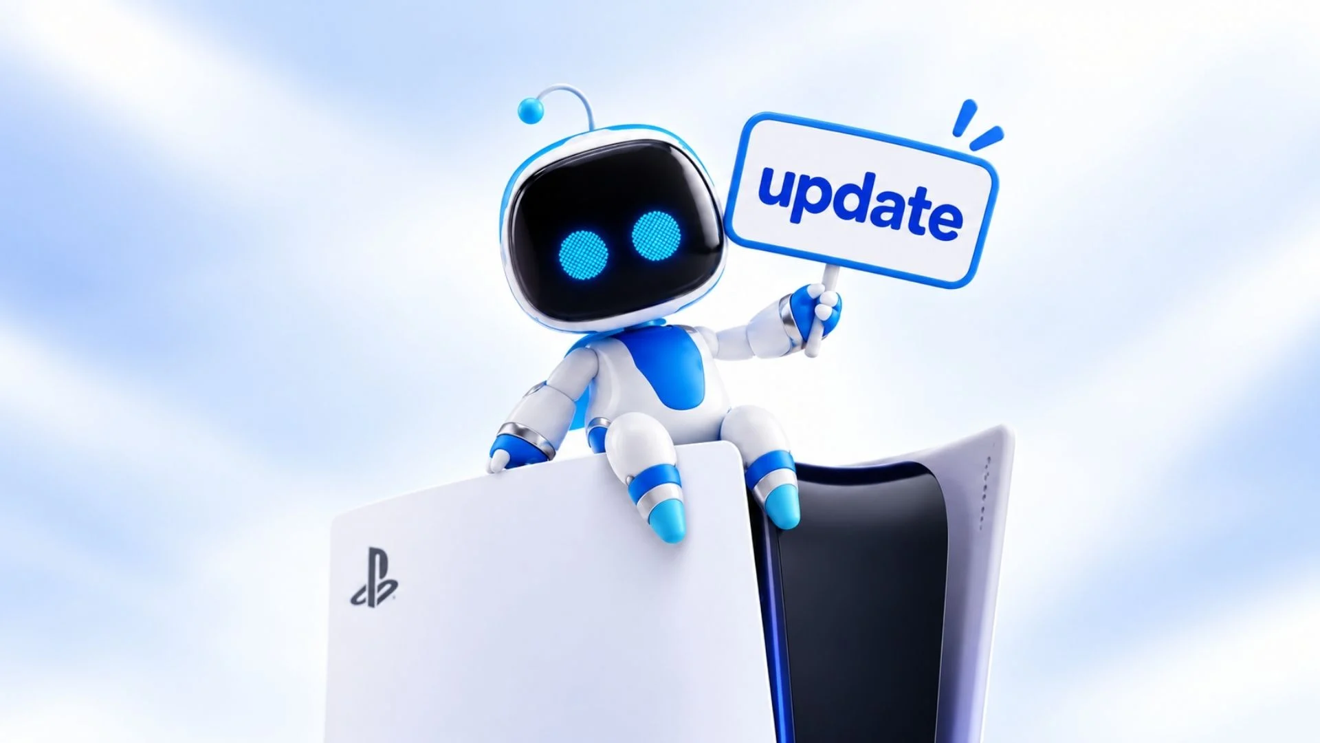 Astro Bot holding an update sign above a PlayStation 5 console