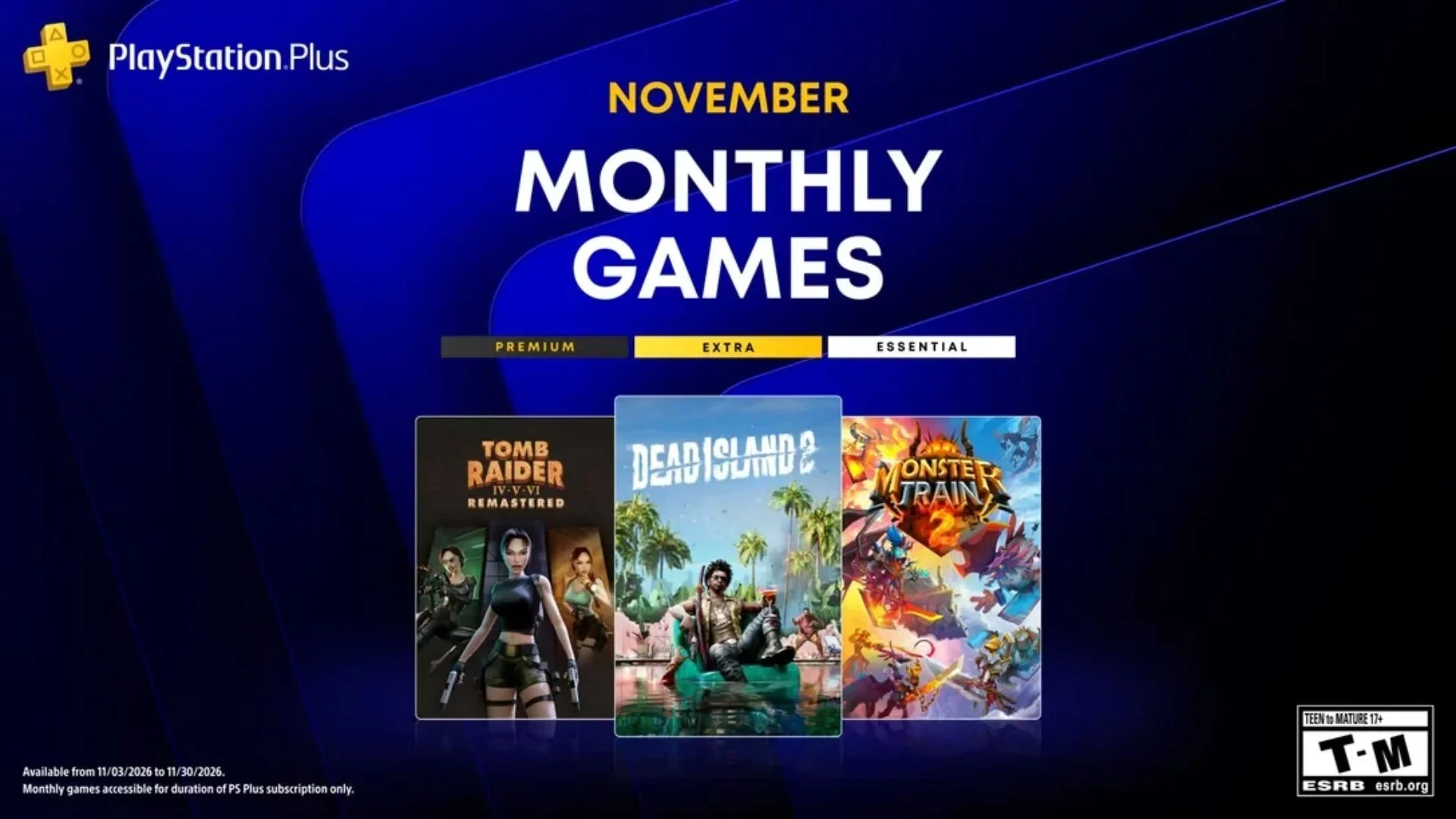 PlayStation Plus November 2026 Games: Dead Island 2, Tomb Raider IV-VI Remastered, Monster Train 2 1 PlayStation Plus November 2026 monthly games lineup featuring Tomb Raider IV-VI Remastered, Dead Island 2, and Monster Train 2