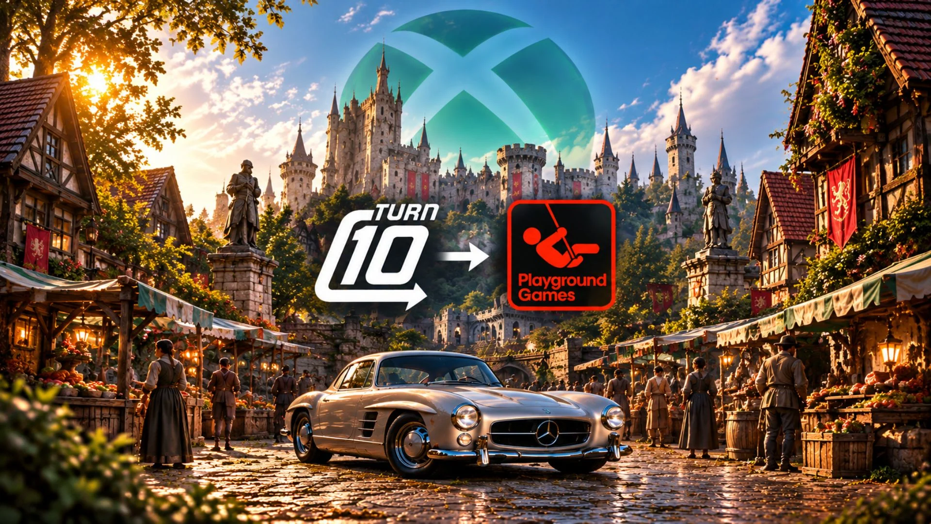 Turn 10 and Playground Games logos above a sports car in a medieval town scene