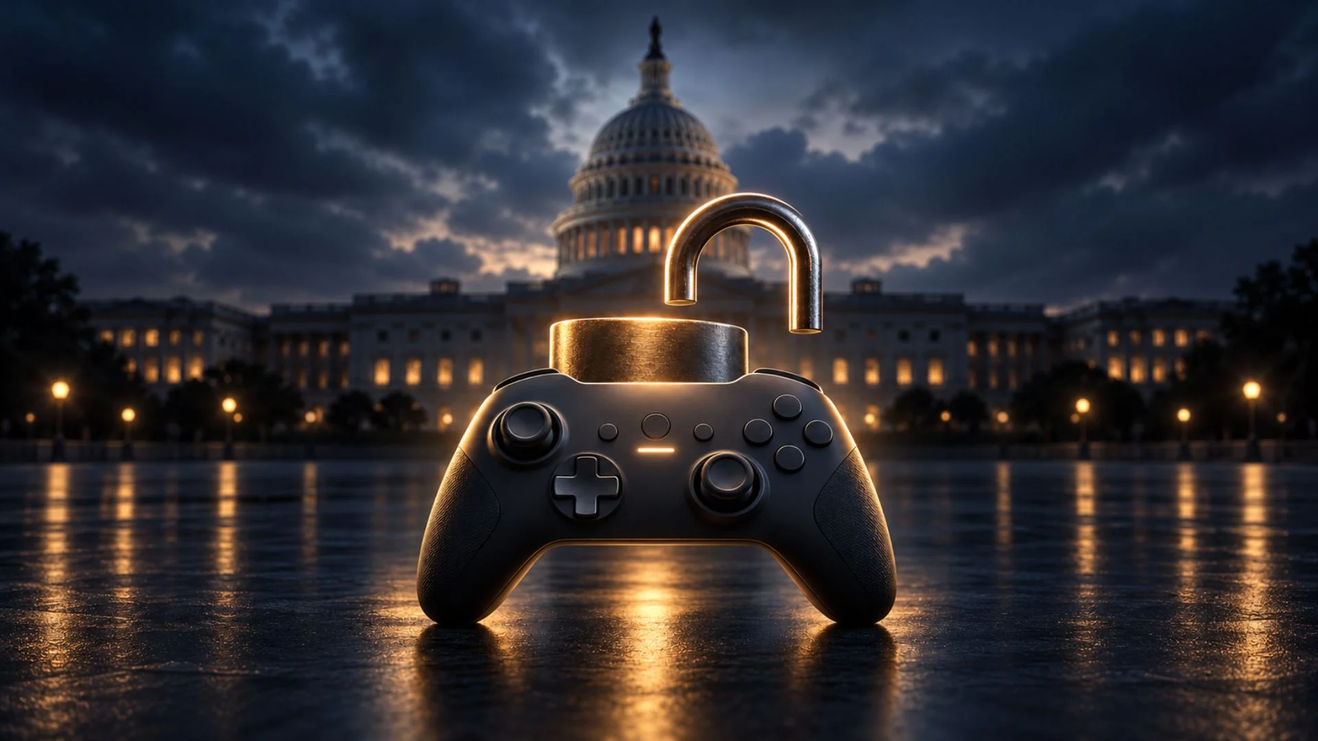 Ritchie Torres Announces Power to the Players Act for Video Game Ownership 1 An unlocked padlock above a game controller in front of the U.S. Capitol