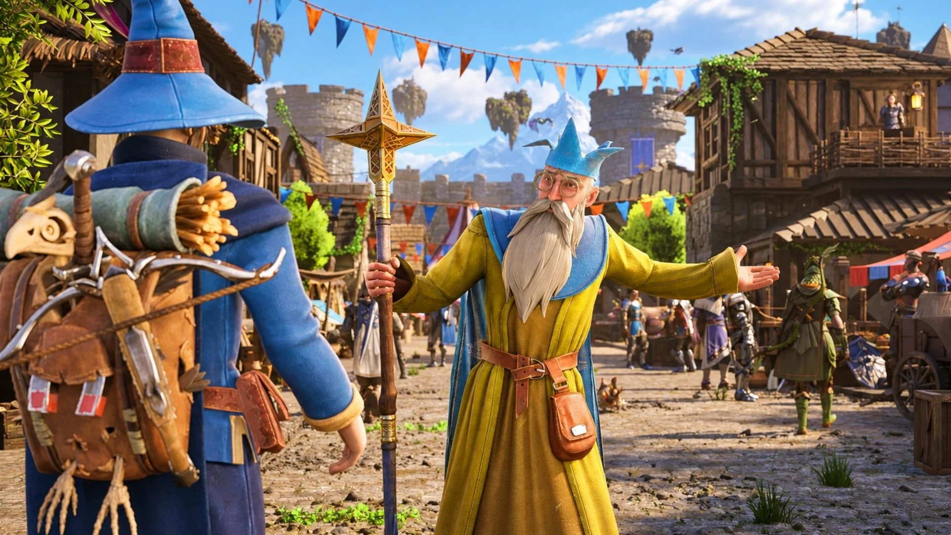 A wizard welcomes an adventurer in a colorful Ashenfall marketplace in the RuneScape 4 reveal
