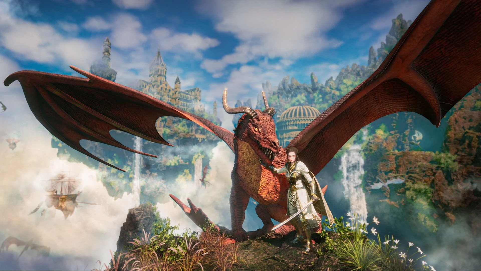 Sagas of Lumin Complete FAQ: Release Date, Platform, Playtest & Dragon Combat 1 A Sagas of Lumin rider standing beside a red dragon above a fantasy landscape