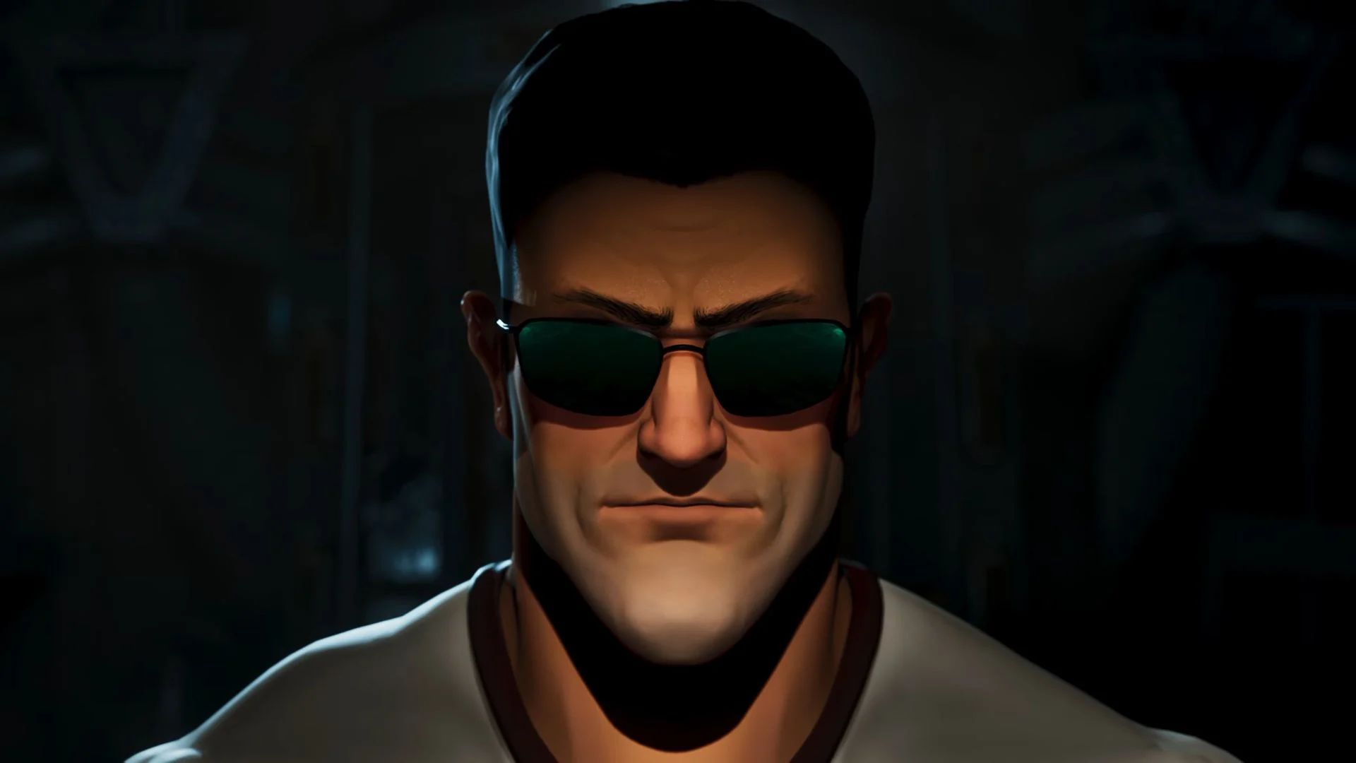 Serious Sam wearing sunglasses in a dark scene from Serious Sam: The Third Encounter