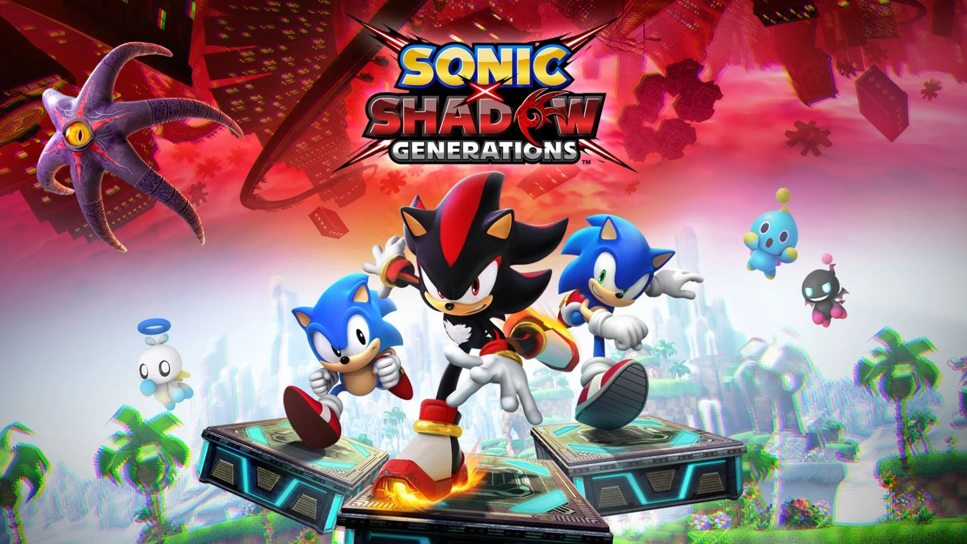 Sonic and Shadow running beneath the Sonic X Shadow Generations logo