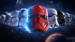 Stormtrooper helmets from the Star Wars Battlefront series arranged against a space backdrop