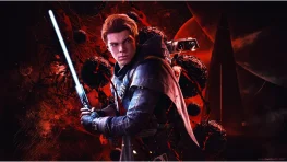 Cal Kestis holds a blue lightsaber against a dark red background