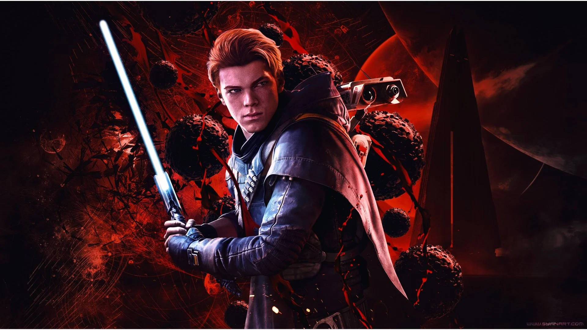 Star Wars Jedi 3 Is “Far in Development” and Could Be Announced Soon, Schreier Says 1 Cal Kestis holds a blue lightsaber against a dark red background