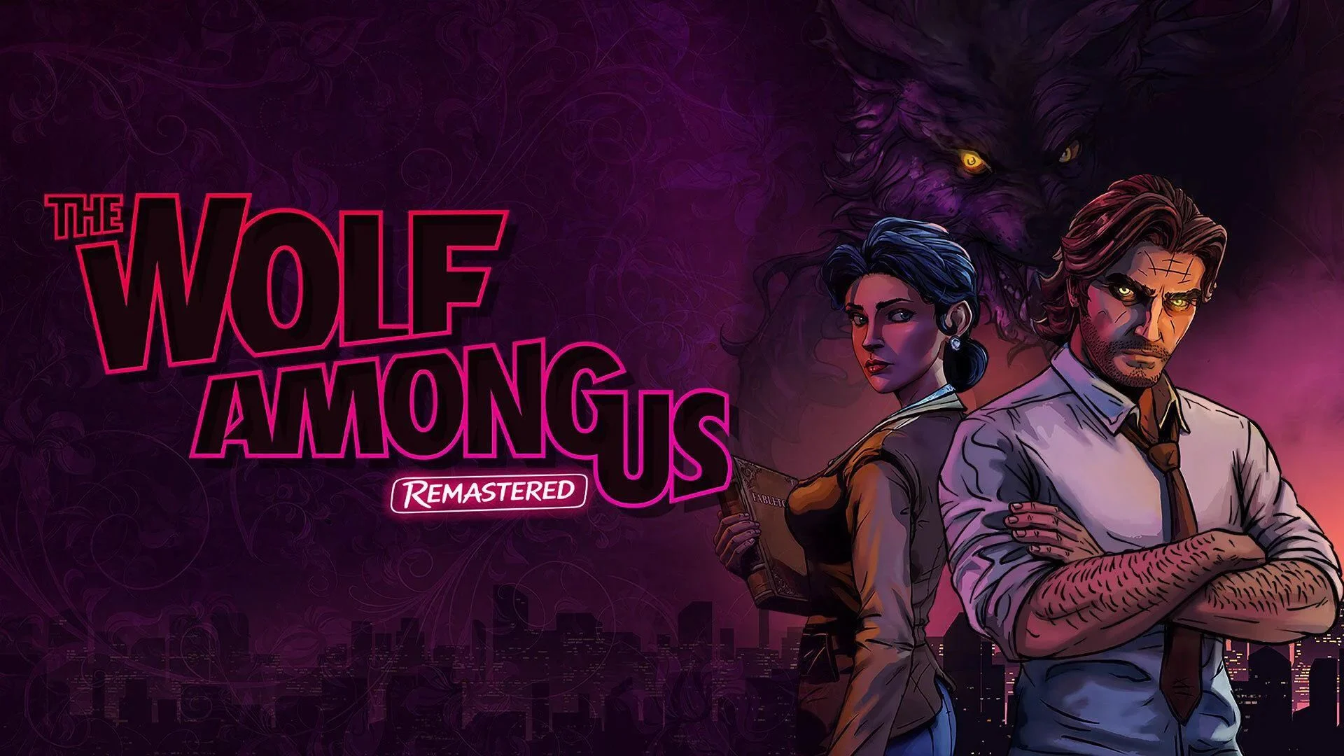 The Wolf Among Us Remastered artwork featuring Bigby Wolf, Snow White, and a shadowy wolf
