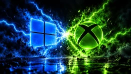 Windows and Xbox logos facing each other amid blue and green lightning