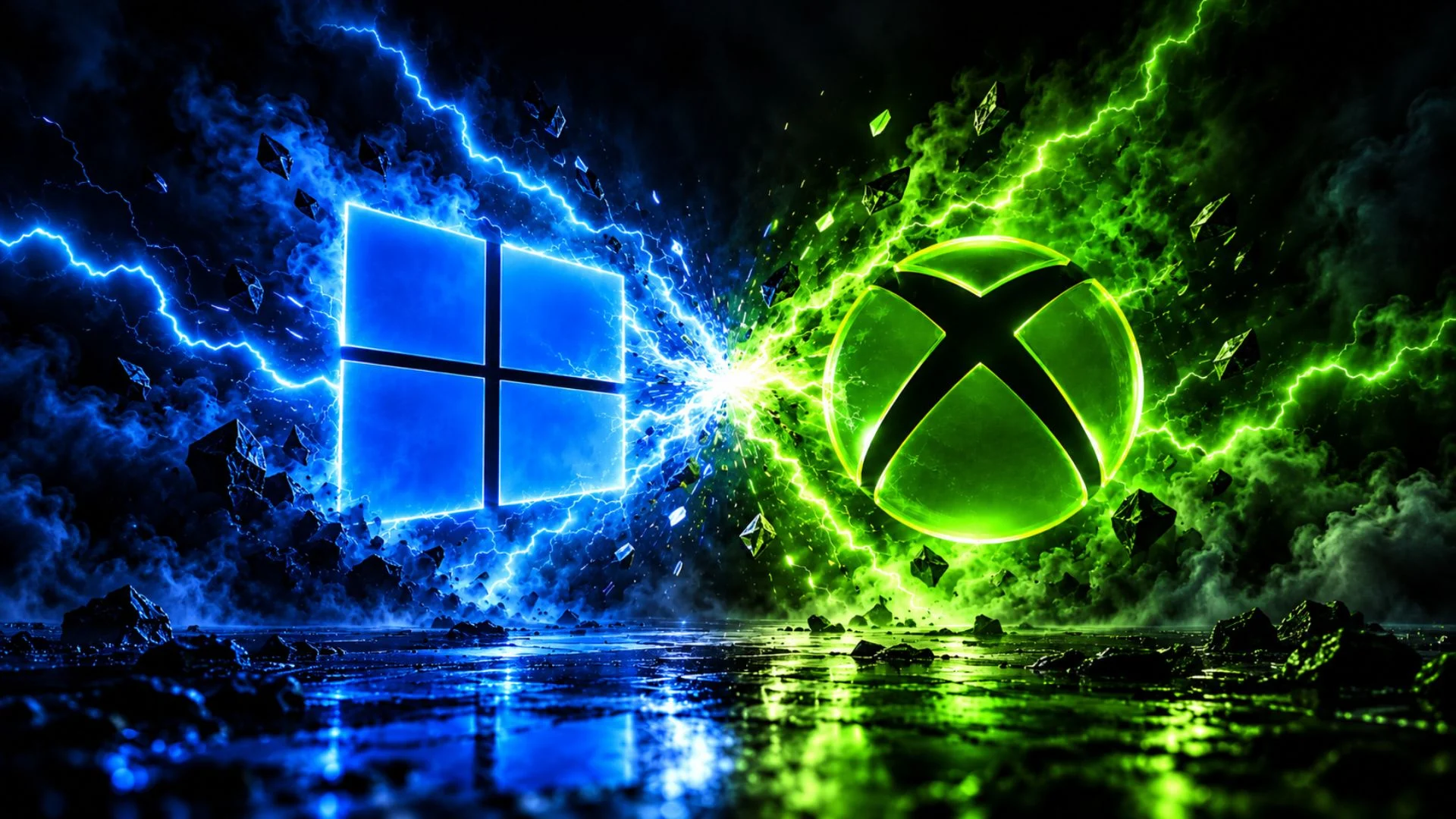 Xbox and Windows Reportedly Clashed Over Project Helix’s Operating System 1 Windows and Xbox logos facing each other amid blue and green lightning