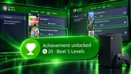 Xbox achievement menus showing original Xbox games with an achievement notification and Xbox Series X console