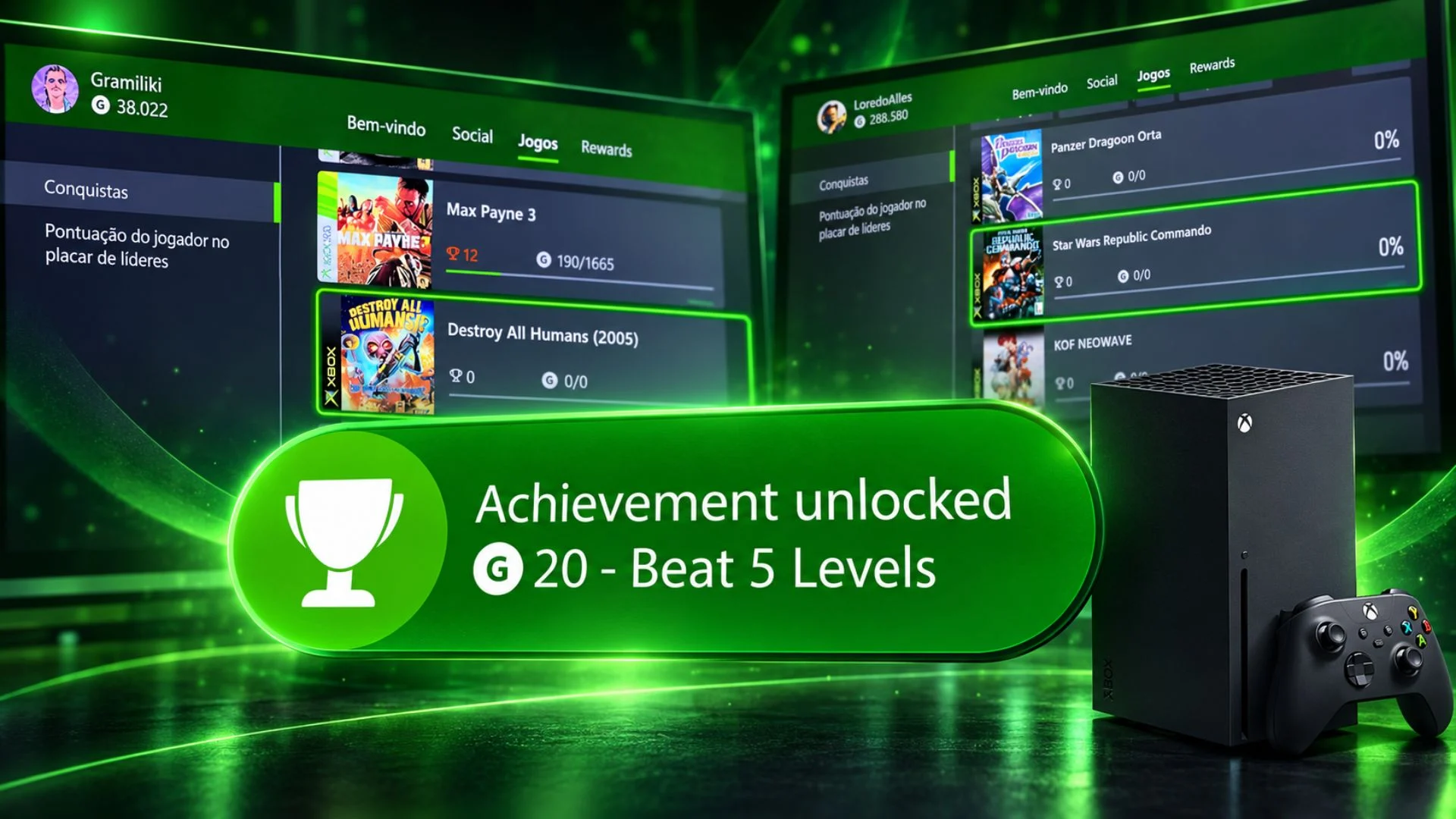Original Xbox Achievement Lists Appear Early on Player Profiles 1 Xbox achievement menus showing original Xbox games with an achievement notification and Xbox Series X console