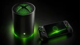 Xbox console and handheld concept art in green and black.