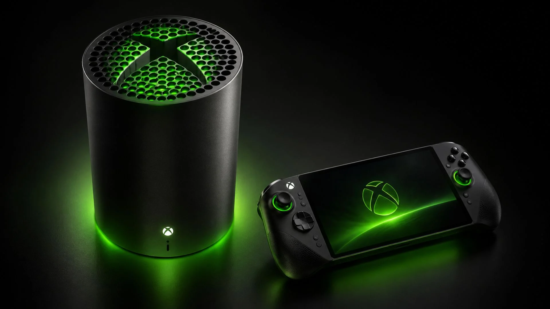 Xbox console and handheld concept art in green and black.