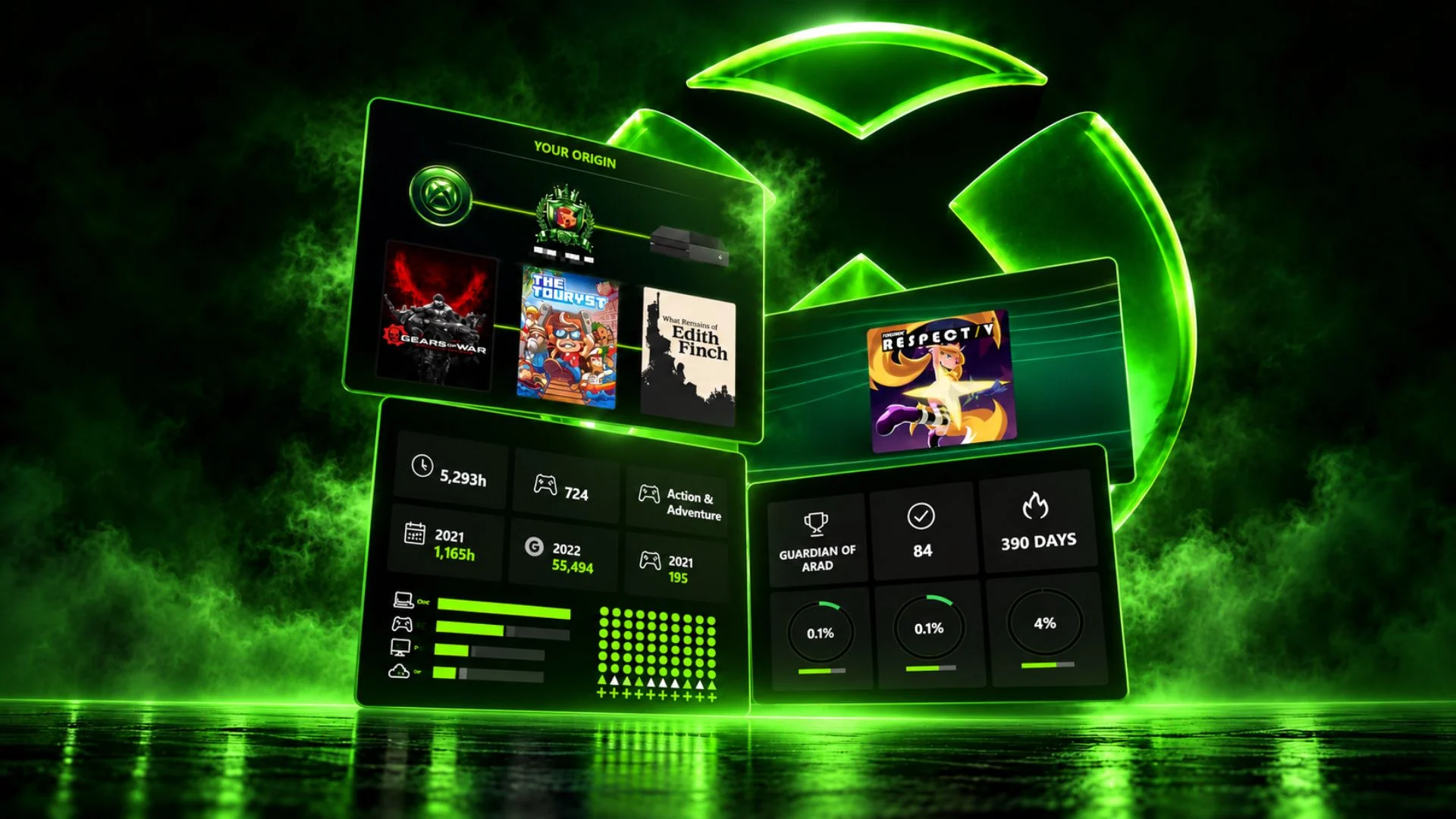 Xbox Playback interface panels displayed in front of a glowing Xbox logo