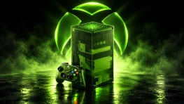 A green Xbox console and controller displayed in front of a glowing Xbox logo