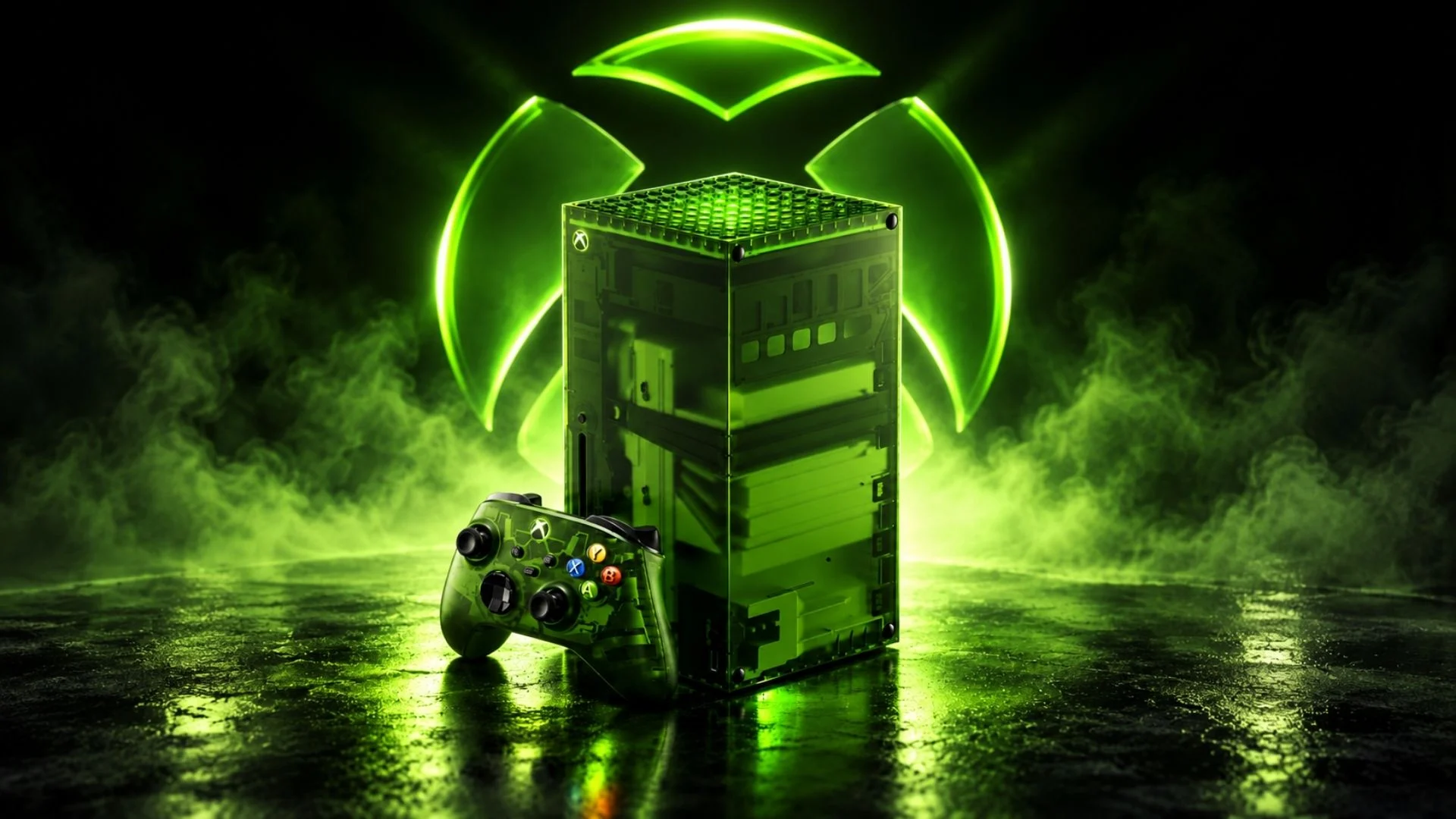 A green Xbox console and controller displayed in front of a glowing Xbox logo